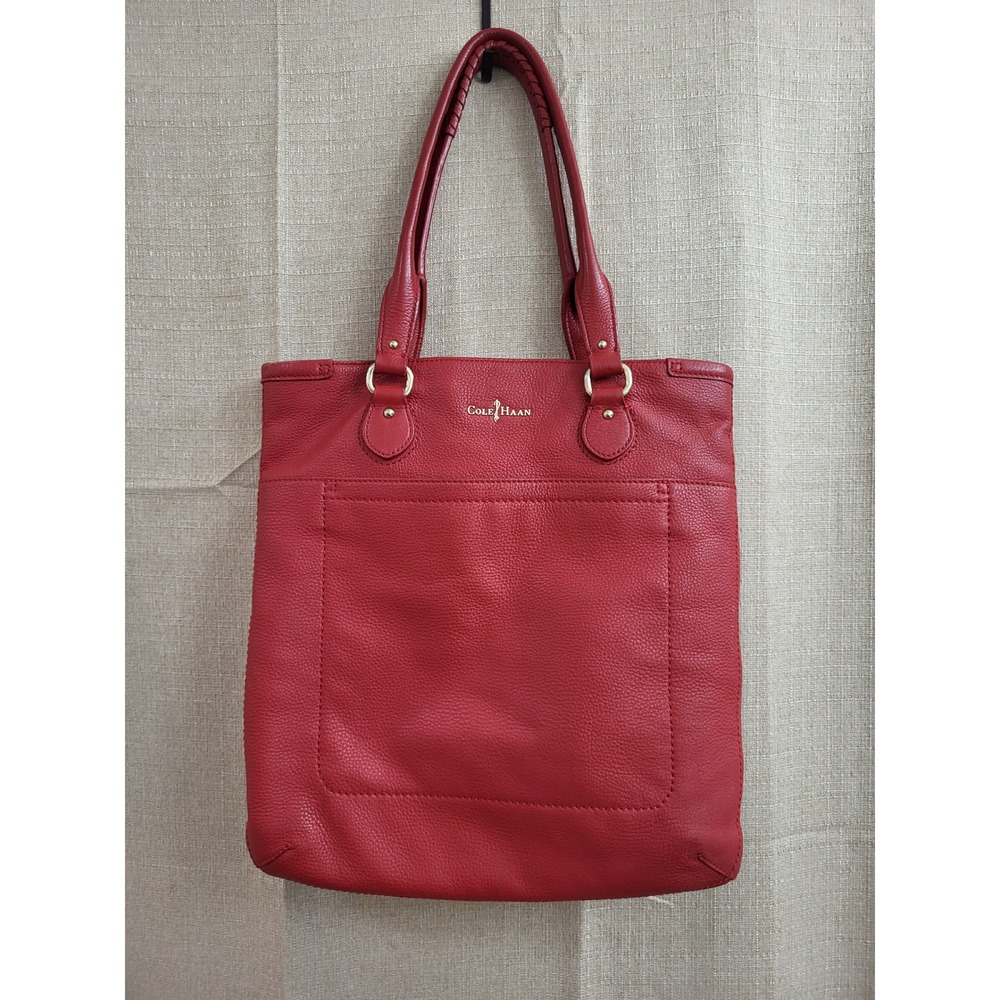 Cole Haan Red Pebbled Leather Tote Bag Gold Hardware Shoulder Bag Large